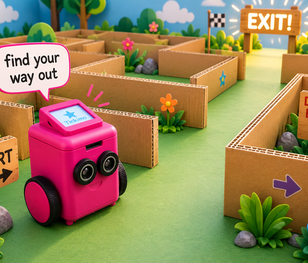 Pink Tinkimo robot explores a colourful cardboard maze after receiving the prompt find your way out towards a bright cheerful exit sign.