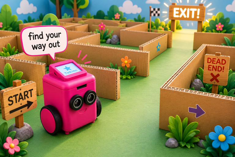 Pink Tinkimo robot explores a colourful cardboard maze after receiving the prompt find your way out towards a bright cheerful exit sign.