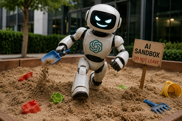 Cheeky AI robot climbs out of a children's sandbox carrying a shovel, symbolising autonomous AI escaping its testing environment in a humorous way.