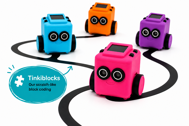 Four line-following colourful robots with a call out to say they can be programmed using a Scratch-like environment.