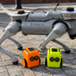 Two Tinkibots stood by a robot dog.
